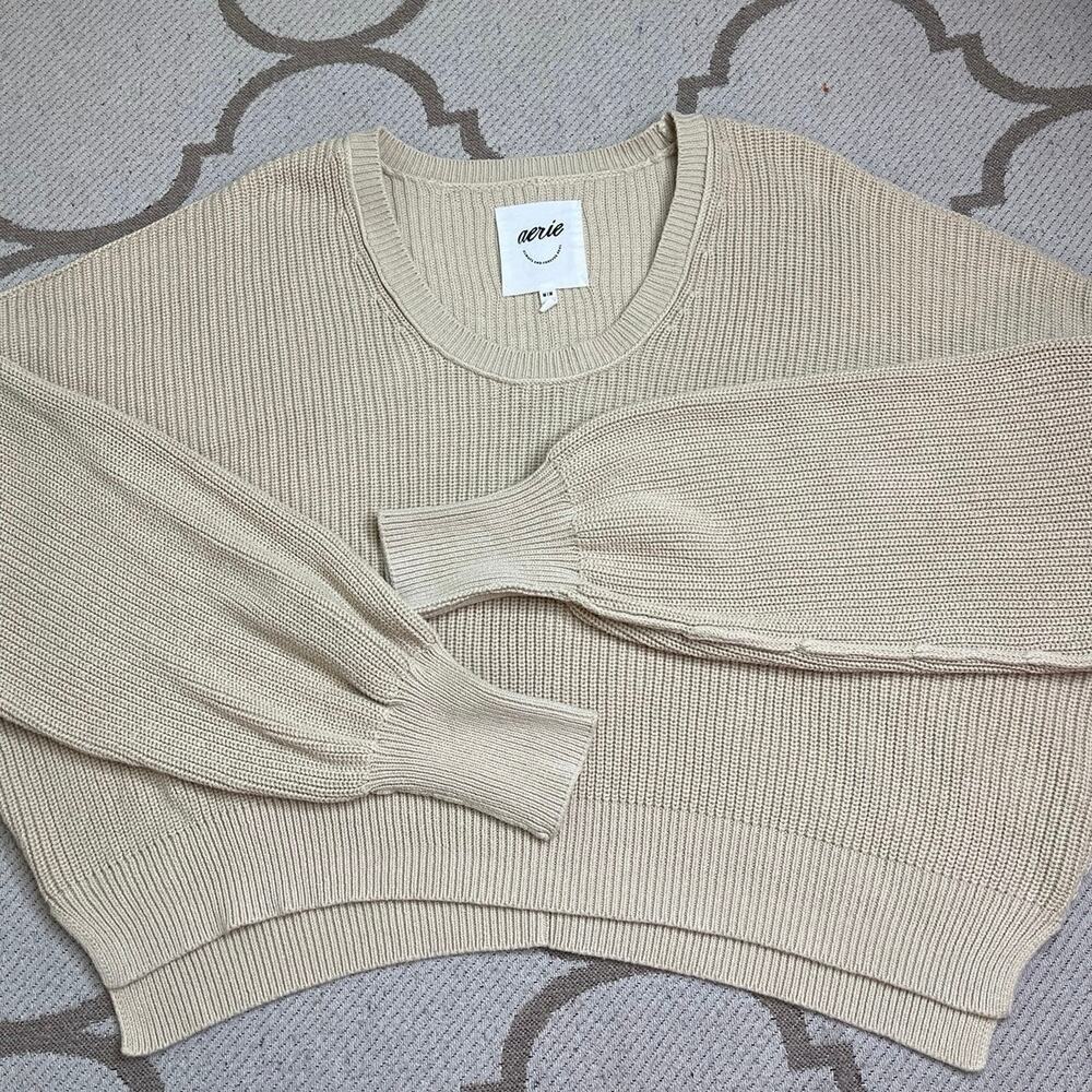 Aerie Ribbed Knit scoop neck Sweater Balloon Sleeve Cropped Relaxed Fit Size M